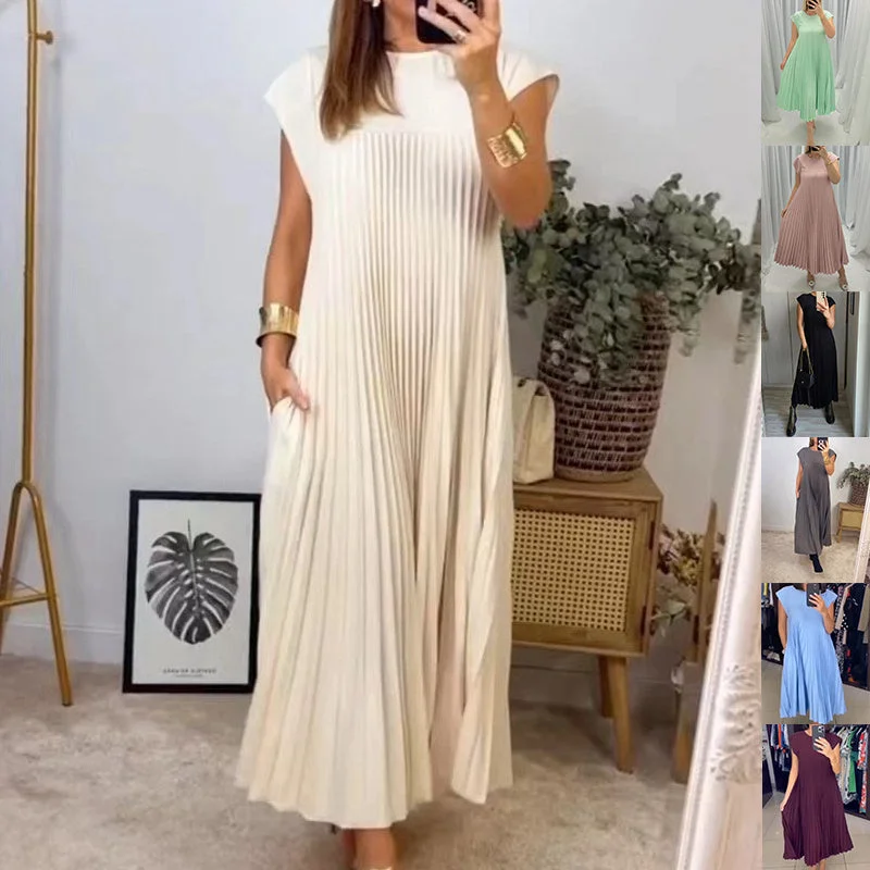 Vireous Sleeveless Pleated Long Dress Round Neck, Multi Colours Tunics Summer linen