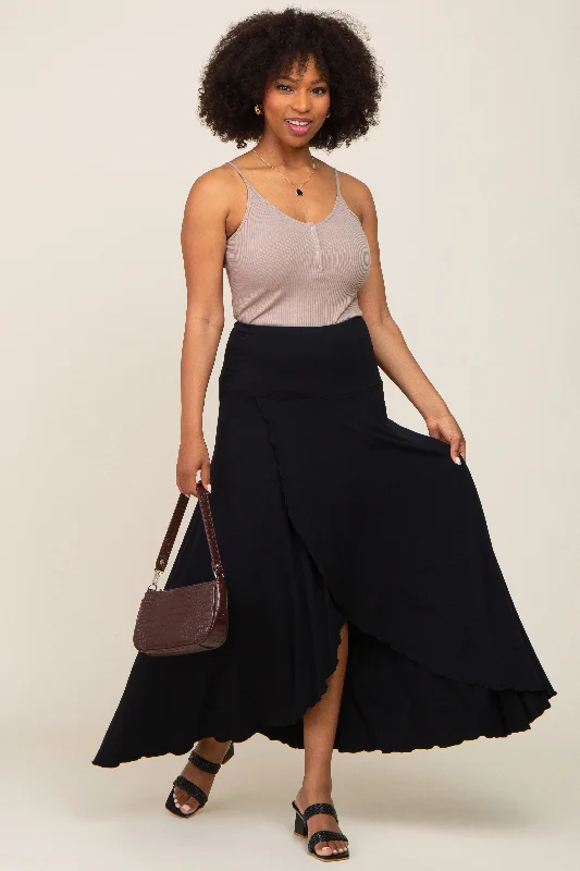 Black Hi-Lo Lettuce Hem Maxi Skirt floral skirt print