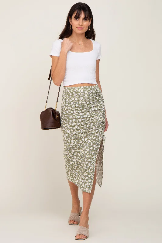 Light Olive Floral Drawstring Front Midi Skirt pleated skirt texture