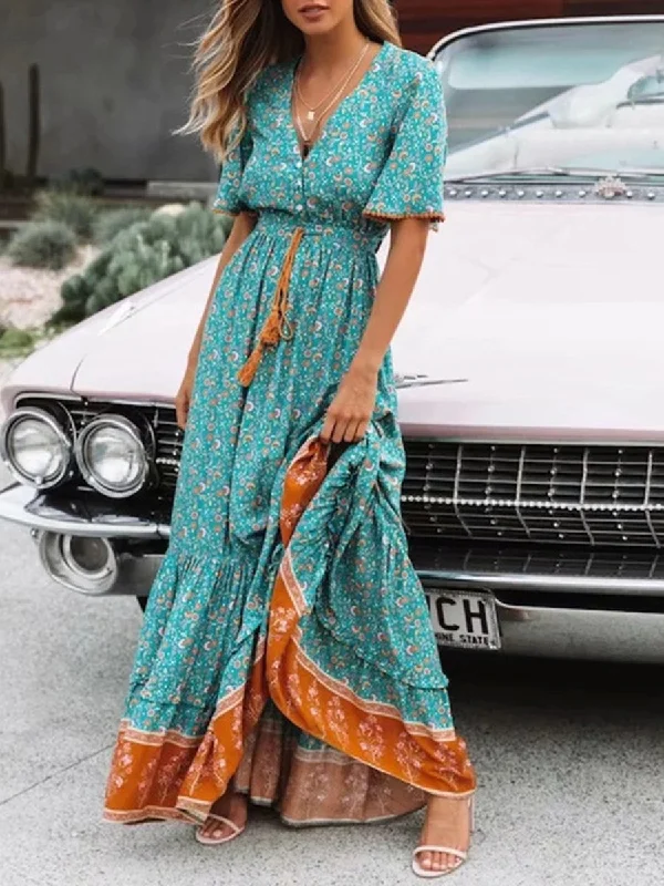 Bohemian Print V-neck High Waist Vacation Beach Long Dress Tunics Polka dots