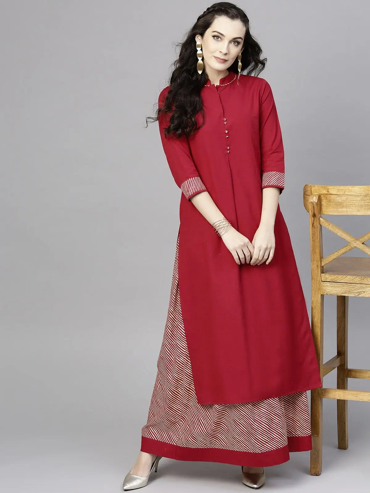 Solid Kurta With Printed Stripe Skirt flowy skirt hem