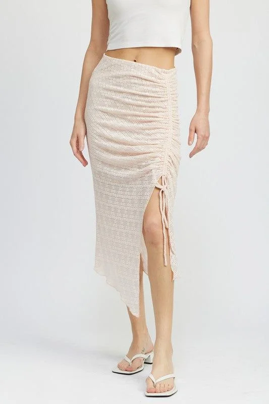 Emory Park Ruched Lace Skirt With High Slit wool skirt breathable