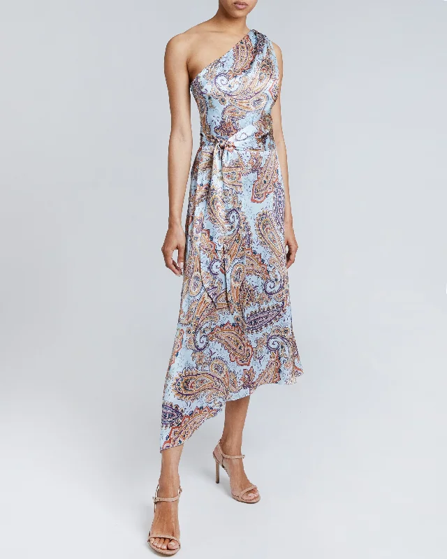 REGANA One-Shoulder Sleeveless Faux Wrap Silk Dress Crew Neckline Casual