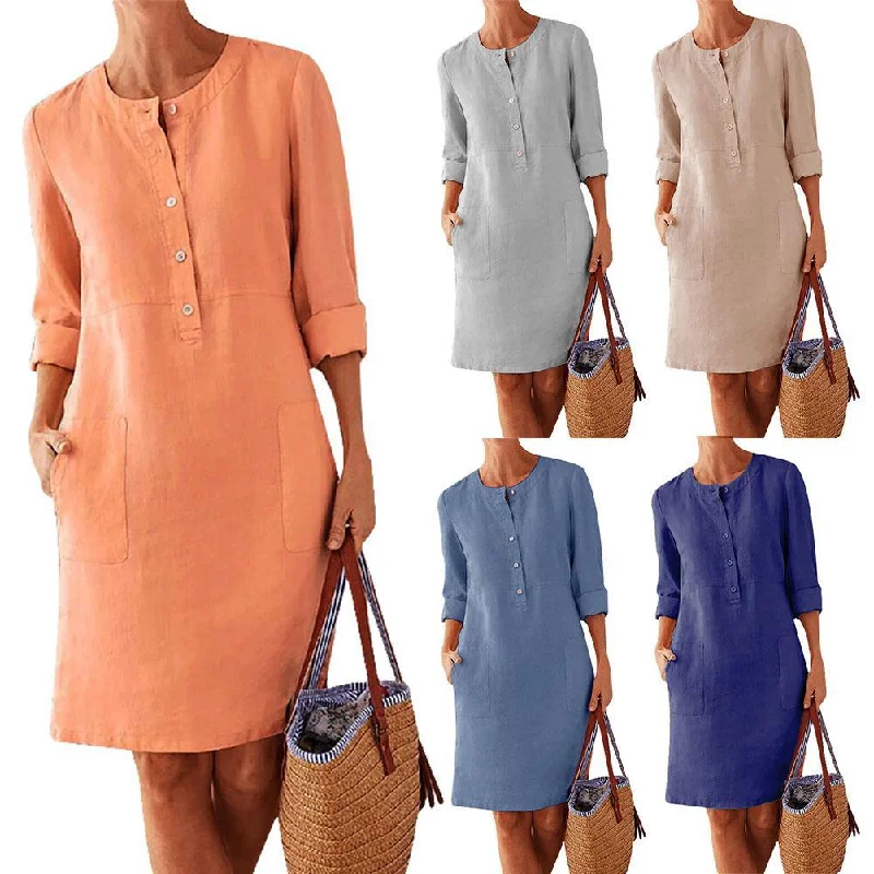 British-Style Round Collar Thick Cotton Dress, Long Sleeves Tunics Brand named