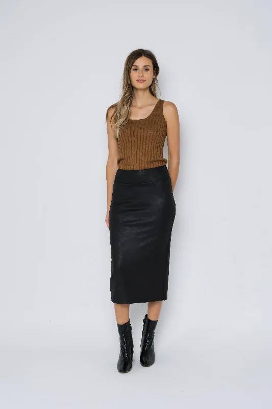 Erin-Faux Leather Midi Skirt flowy skirt hem