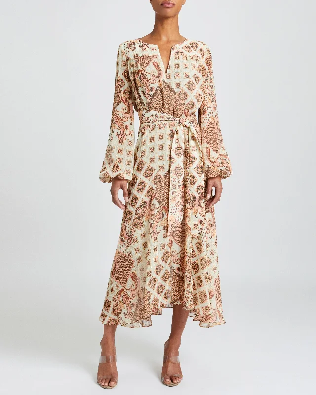 AUBREE Long Sleeve Midi Hi-Lo Dress in Printed Georgette Tunics Formal black