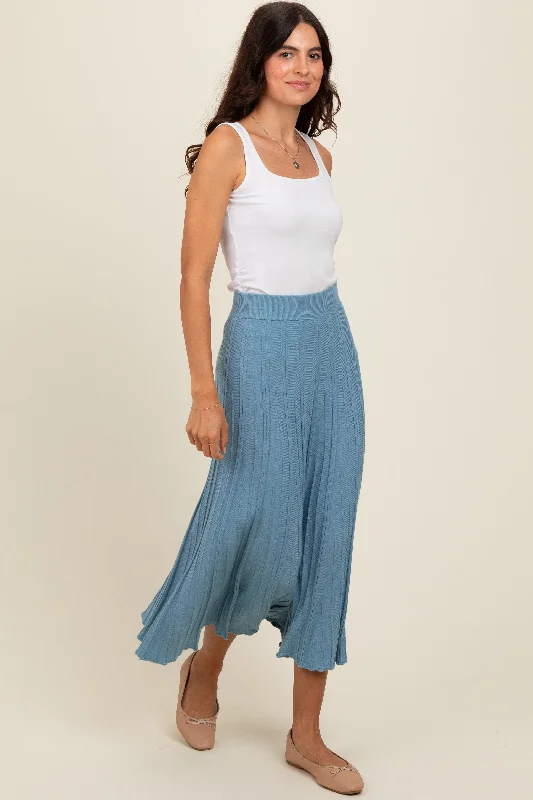 Blue Ribbed Knit A-Line Midi Skirt wool skirt warm