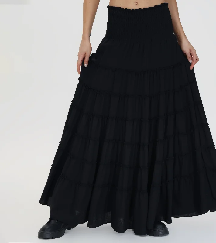 Smocked Tiered Maxi Skirt button skirt front