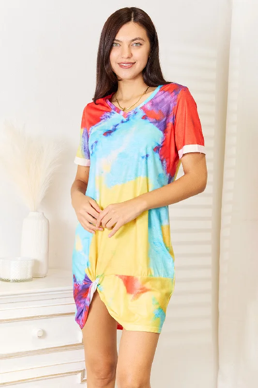 Tie-Dye V-Neck Twisted Dress Casual Short Summer