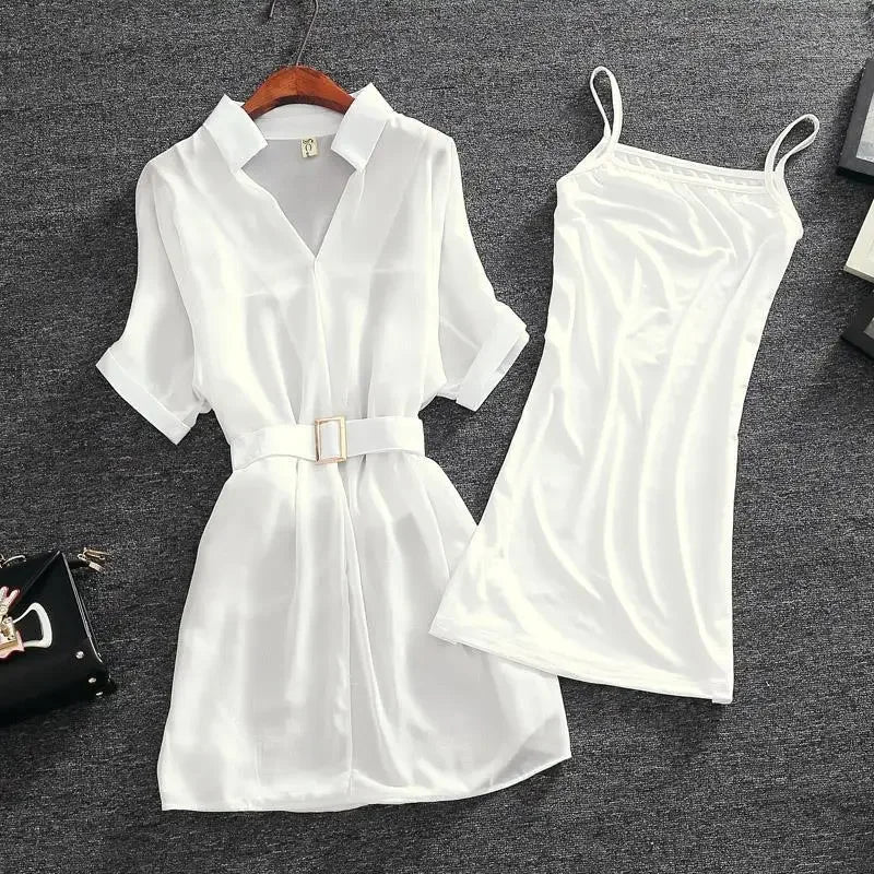 Vireous Silk White Slip and Sun Dress Set, French Rustic Aesthetic Boatneck Modish Everyday