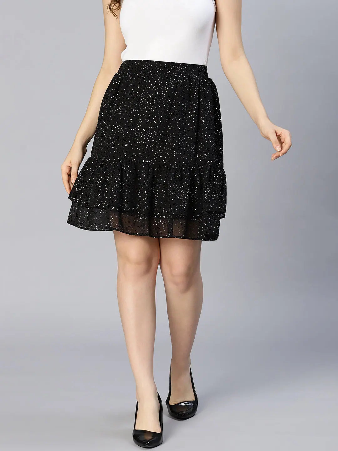 Aglow Black Foil Print Elasticated Frill Women Skirt spandex blend skirt