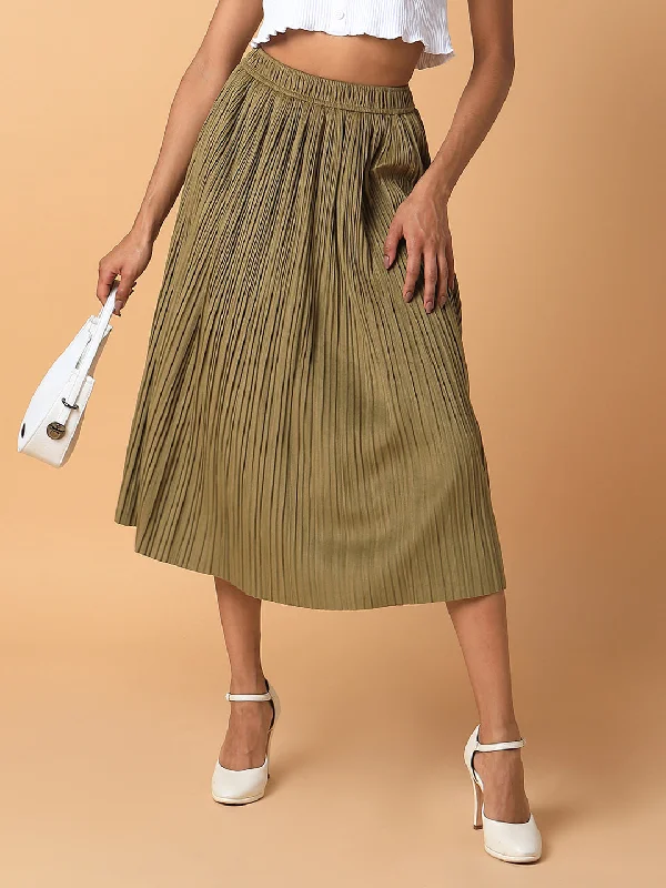 Women Solid Olive Flared Midi Skirt-2315-Olive corduroy skirt durable