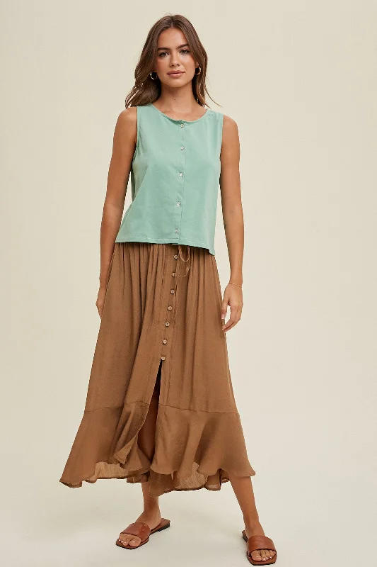 Hazelnut Button-Up Midi Skirt With Drawstring chiffon skirt airy
