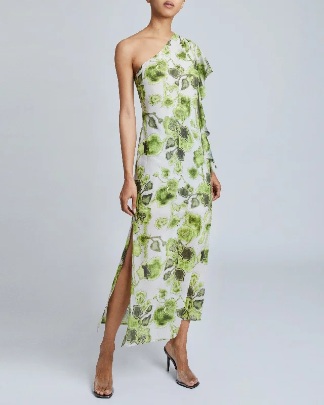 LUNA One-Shoulder, Ruffle Sleeve Midi Shift Dress Tunics Lace romantic