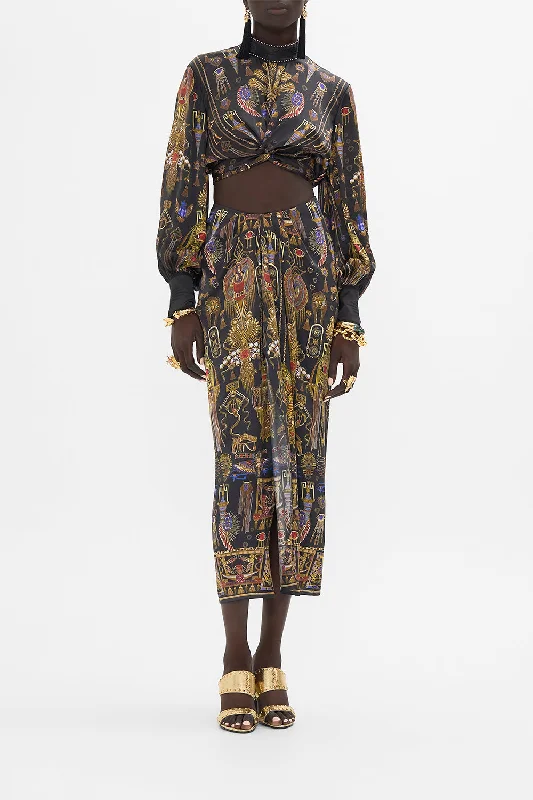DRAPE FRONT SKIRT WITH SPLIT CARTOUCHE KINGDOM linen skirt natural