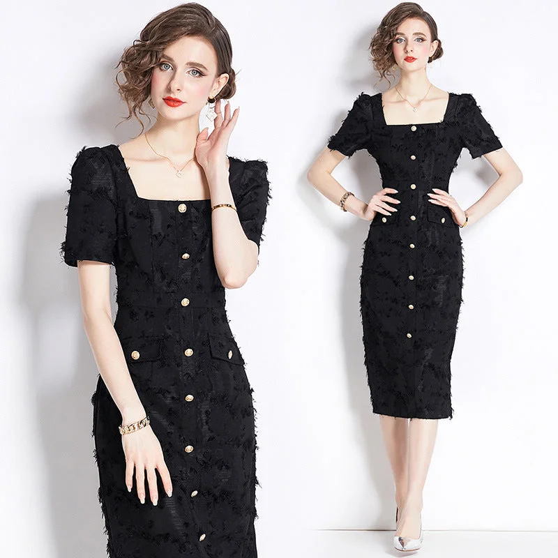 French Hepburn-Style Vintage Tassel Black Dress Halter Neckline Beach