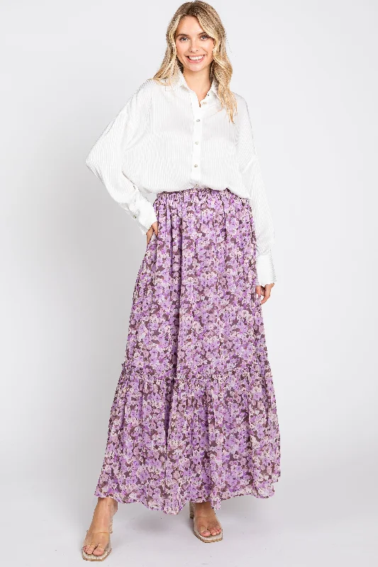 Lavender Smocked Waist Tiered Maxi Skirt spandex blend skirt