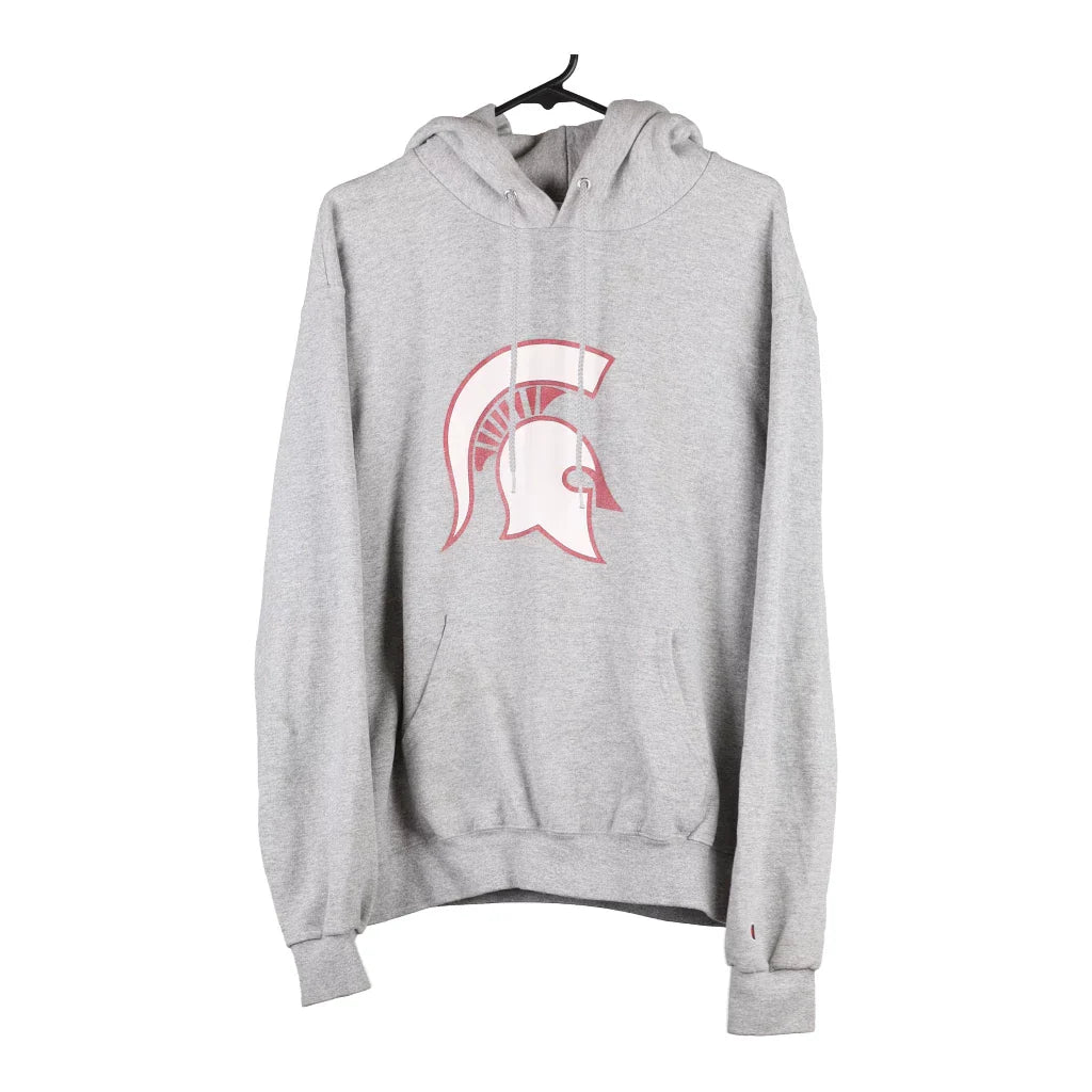 Champion Hoodie - Large Grey Cotton Blend Graphic Hoodie Design Print