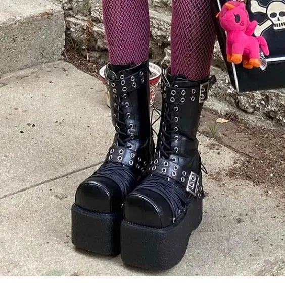 Sohiwoo Deisgn Square Toe Platform Street Rivets Boots Girl Buckle Lace up Mid-calf Wedges Boots Leather Dress Women Club Shoes Tunics Solid Classic