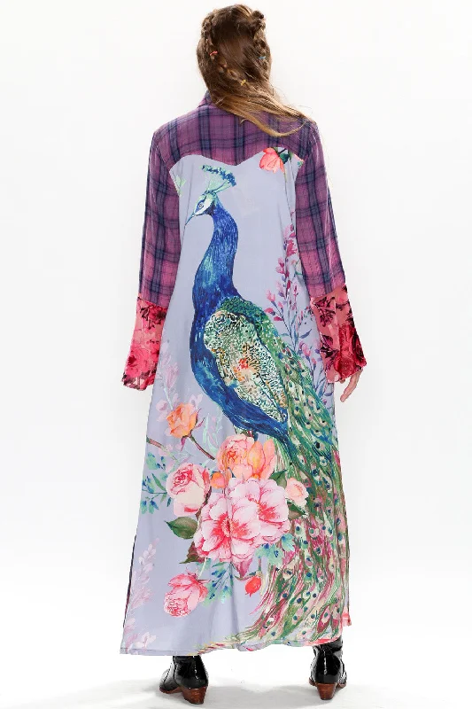 Lover Maxi Flannel Dress Duster with Peacock Tunics Cozy comfortable