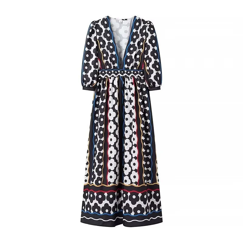 Women's Fashion Boho Black & White Print Elegant Dress Tunics Luxurious high-end