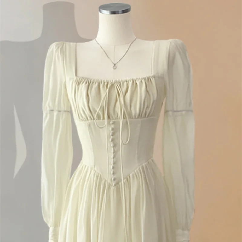 Vireous French Court-Style White Chiffon Dress Shift Classic Vintage