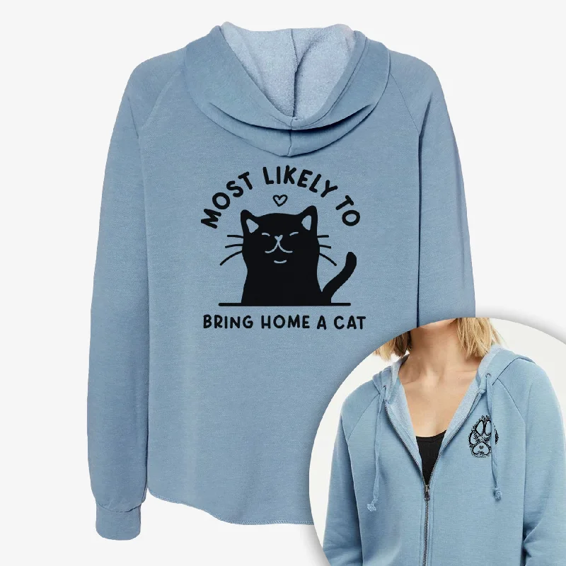 Most Likely to Bring Home a Cat - Black - Women's Cali Wave Zip-Up Sweatshirt Hoodie with Longline Fit Extended Stylish