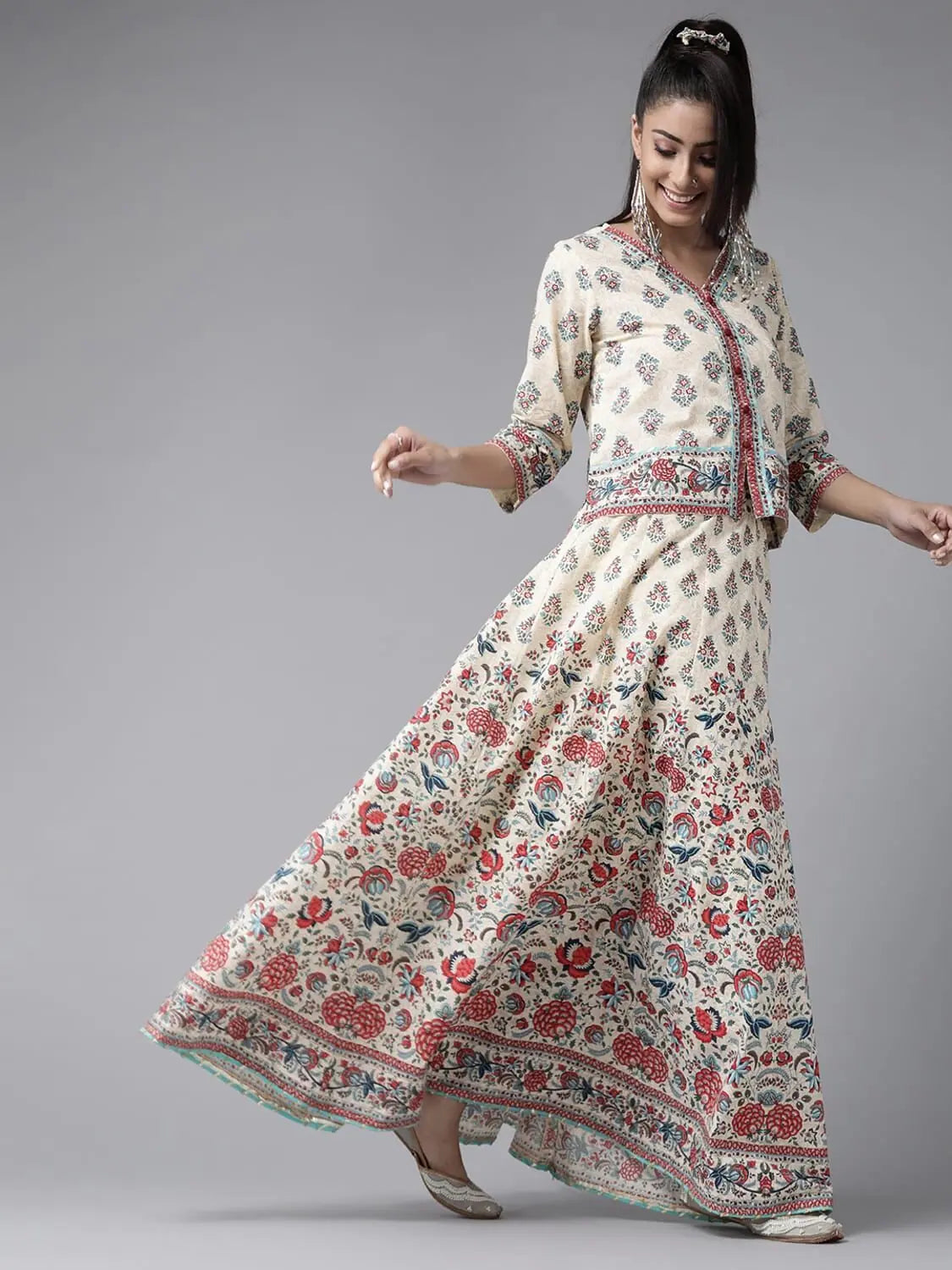 Juniper Beige Cambric Floral Print Top Skirt Set With Rubber-Band chiffon skirt airy