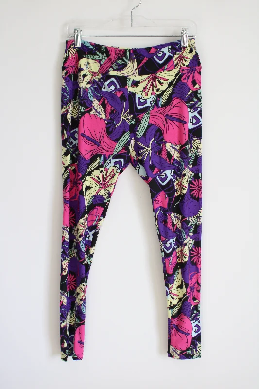 LuLaRoe Purple Pink Patterned Leggings | Tall & Curvy Stylish Pockets Active Leggings