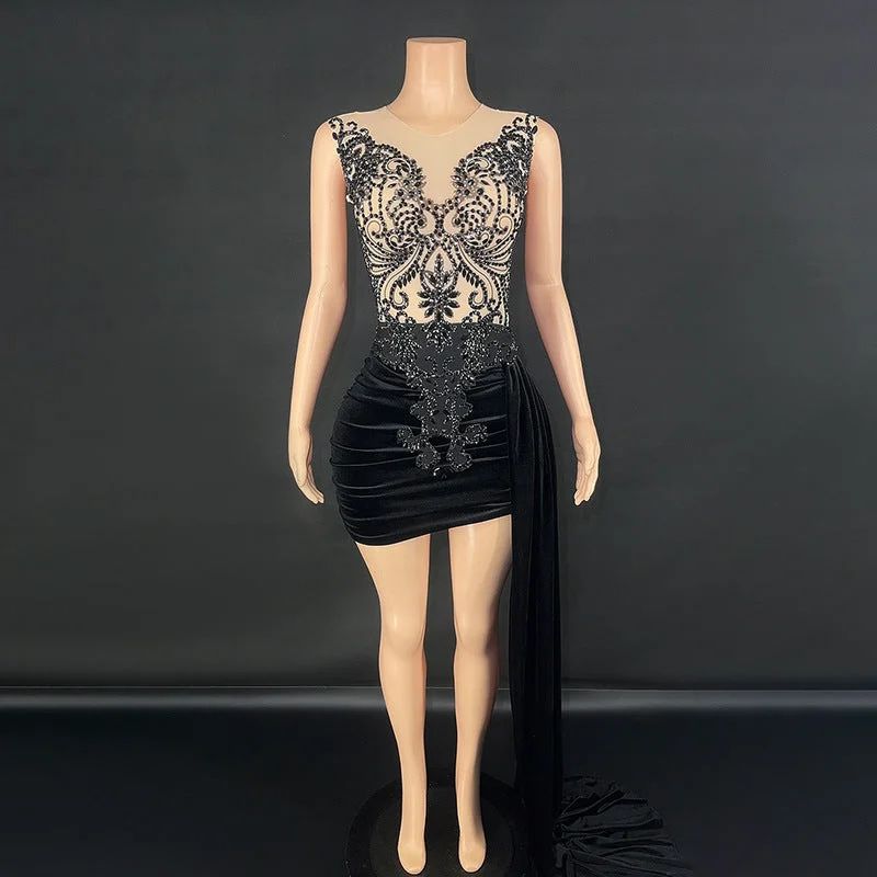 Short Glam Evening Dress, Women's Stage Costume, Side Trailing Skirt Tunics Trendy modern Short Glam Evening Dress, Women's Stage Costume, Side Trailing Skirt Tunics Trendy modern