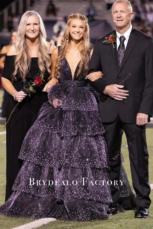 Dusty-Mauve Plunging Neck Layered Homecoming Dress Elegant Long Evening