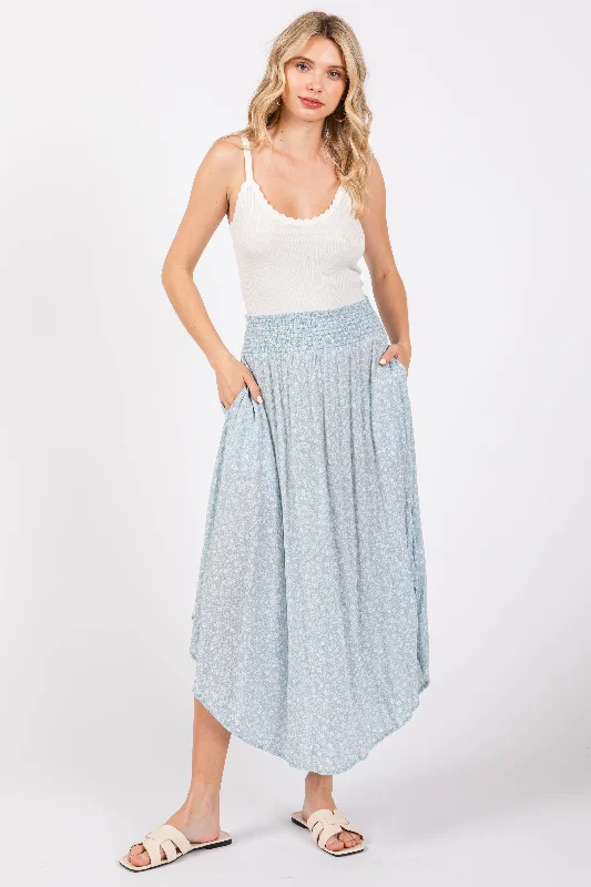 Light Blue Floral Smocked Waist Skirt velvet skirt luxurious