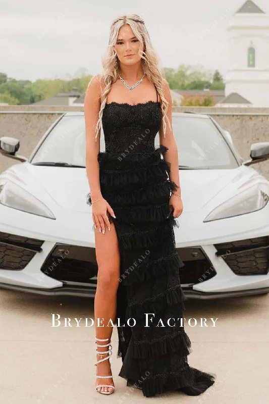 Black Thin Straps Tiered Tulle Sweep Train Prom Dress sweetheart Neckline Romantic