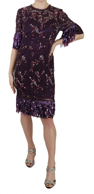 Dolce & Gabbana Elegant Purple Floral Lace Crystal Women's Dress Tunics Fall fleece