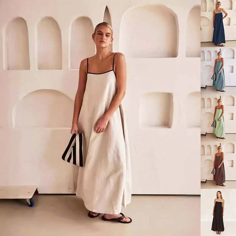 Vireous Loose Suspender Dress Summer Fashion Colour-Contrast Long Dress Tunics Custom made Vireous Loose Suspender Dress Summer Fashion Colour-Contrast Long Dress Tunics Custom made