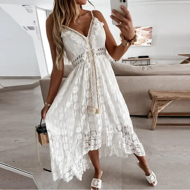 Off-Shoulder White Lace Dress, Spring and Summer Collection Square Neckline Feminine