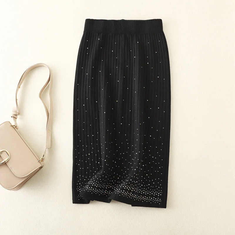 Rhinestone Knitted Skirt Office Lady Sheath Skirt Women  Autumn Winter  New Split Dress Wool Skirt Tunics Leisure comfortable