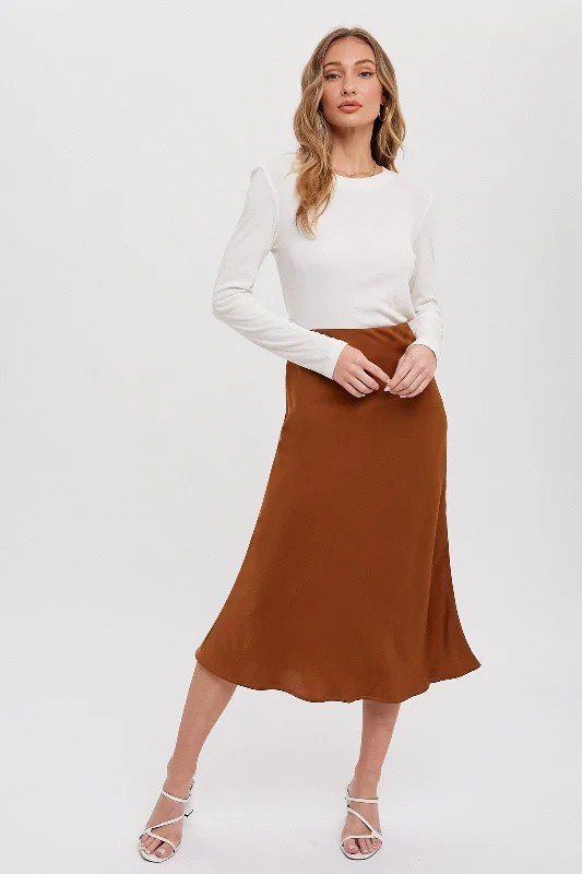 Camel Satin Midi Skirt leather skirt sleek