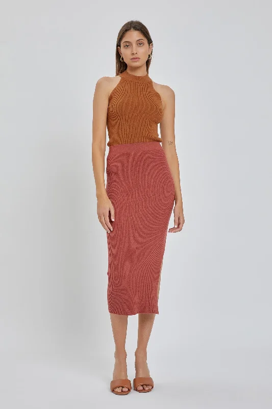 Mauve Ribbed Fitted Side Slit Midi Skirt low waist skirt
