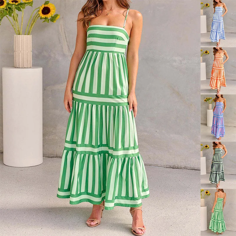 Vireous Summer Fresh Striped Print Suspender Long Dress, with Pockets Tunics New arrival Vireous Summer Fresh Striped Print Suspender Long Dress, with Pockets Tunics New arrival