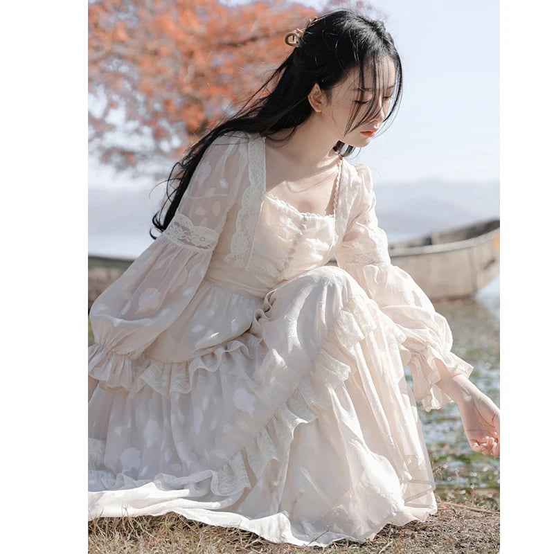 French-Style Fairycore Lolita Sweet Dress, Puff Sleeves Crew Neckline Sporty