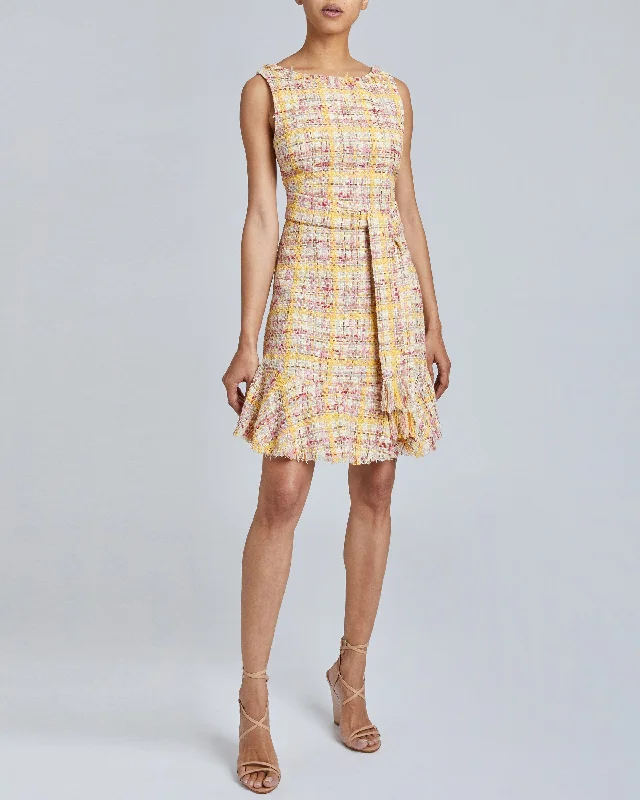 CELINE Sleeveless Tweed Sheath Dress with Ruffle Hem Tunics Denim casual