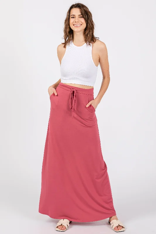 Salmon Drawstring Maxi Skirt silk skirt lustrous