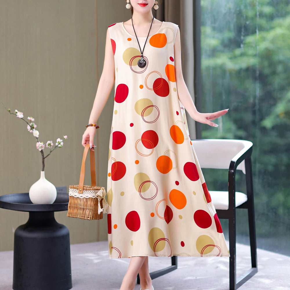 Vintage Summer Dress Vestido Print Natural Regular Sleeveless O-neck Cotton Dresses Women Clothing Plus Size Tunics Chic elegant