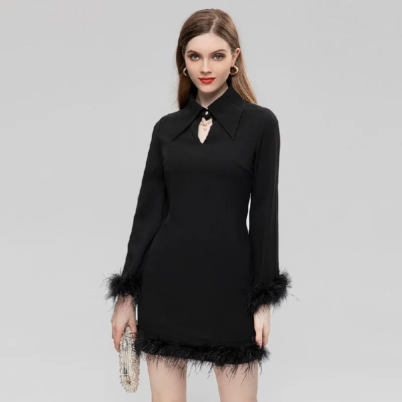 Lapel Feather Trimmed Long Sleeve Party Cocktail Dress Tunics Hiking breathable