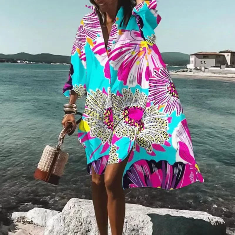Vireous Vibrant Printed Loose Summer Dress Maxi Flowy Bohemian