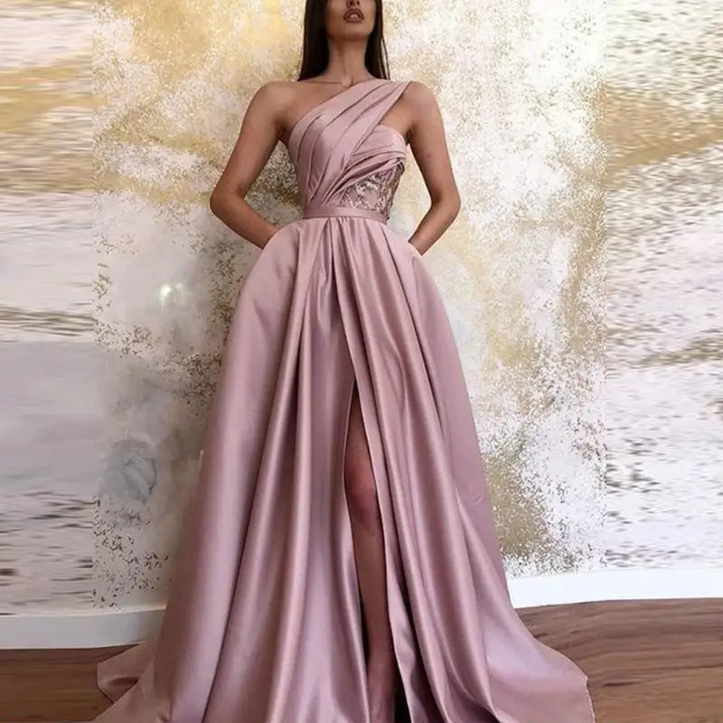 Vireous One Shoulder Sash Blush Pink Evening Dress Tunics Formal black