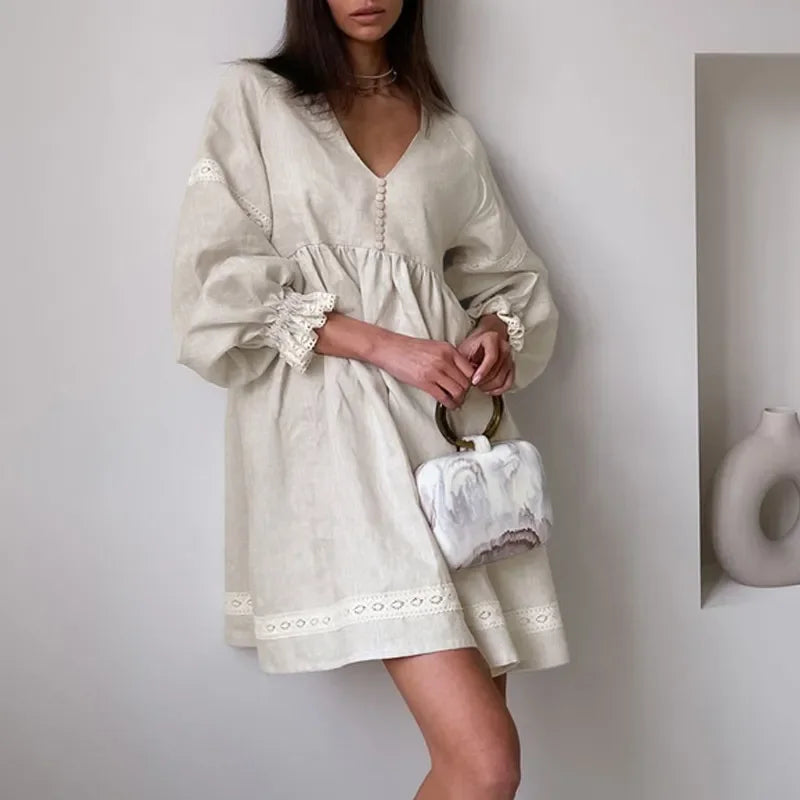 Summer Cotton Linen French-Style Loose Fashion Dress Elegant Long Evening