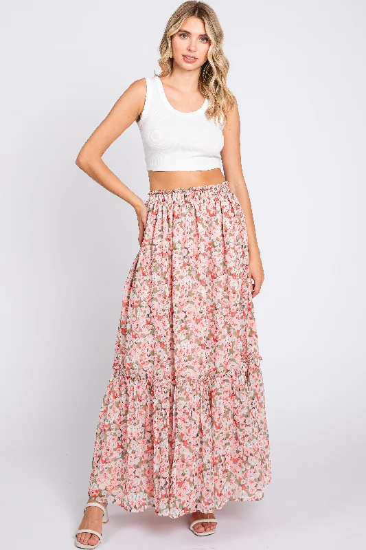 Pink Smocked Waist Tiered Maxi Skirt cotton skirt soft