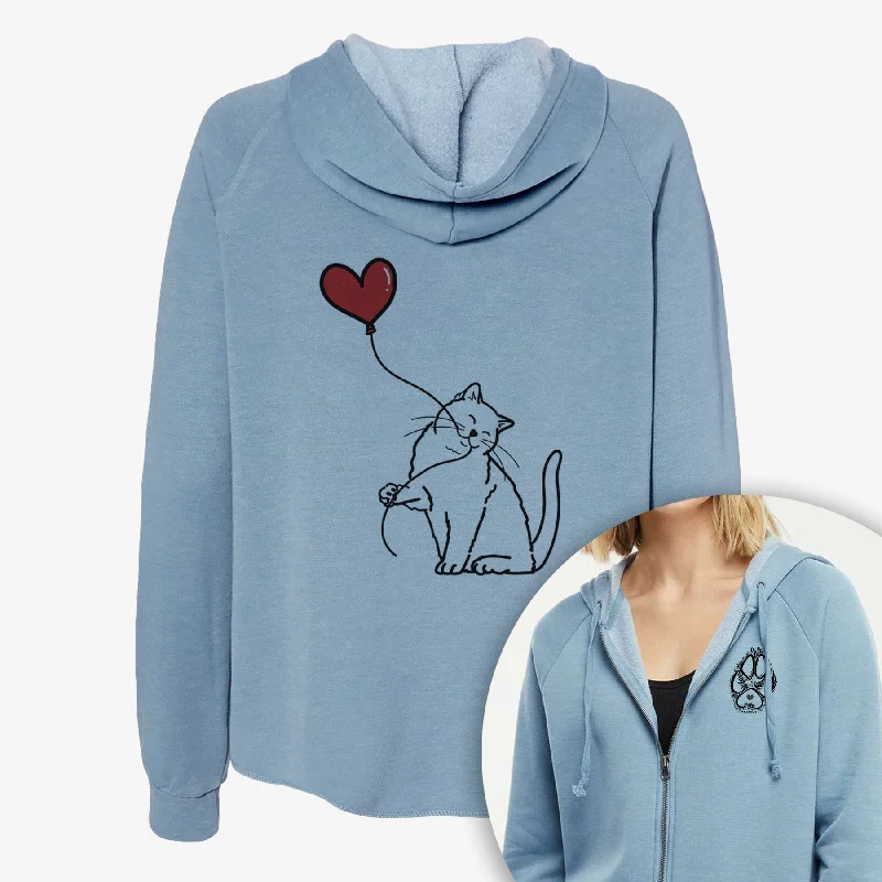 British Shorthair Cat Heart String- Women's Cali Wave Zip-Up Sweatshirt Hoodie with High-Low Hem Asymmetrical Trendy